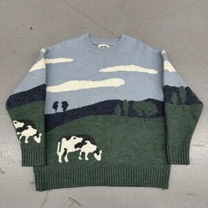 Aelfric Eden Sweater Mens Small Multicolor Cow Pasture Graphic Knit Pullover